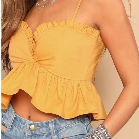 Mustard yellow 100% cotton ruffle bodice peplum crop top size large - Picture 1 of 9